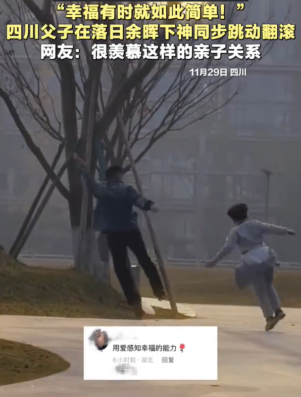 父子在落日余晖下神同步跳动翻滚 看着就幸福