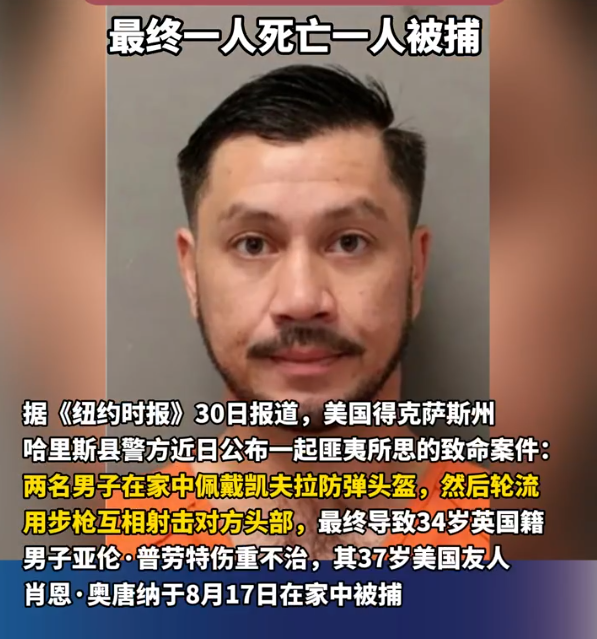 美国两男子戴头盔拿枪轮流互射 酿成一死一被捕悲剧