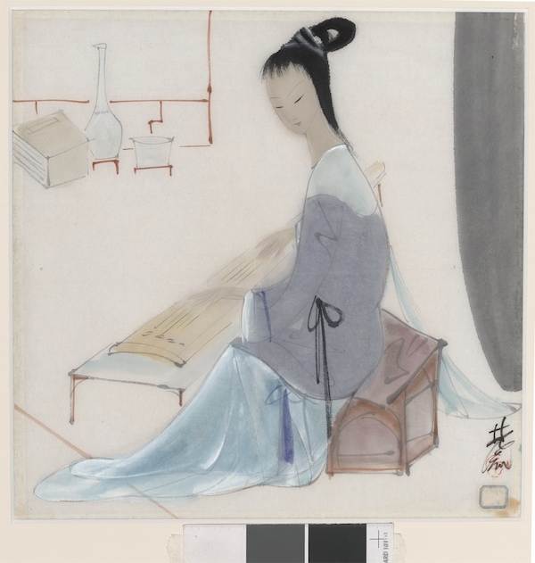 林风眠 《弹琴仕女》纸本水墨设色 34×34cm 1950年代 中华艺术宫藏