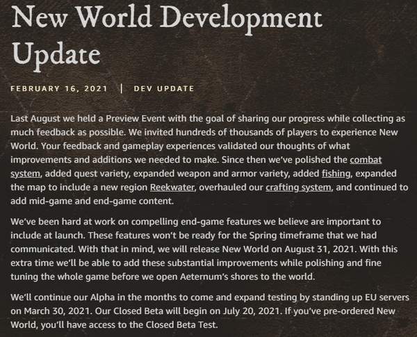 亚马逊MMO《新世界》发售日官宣 8月发售，7月B测