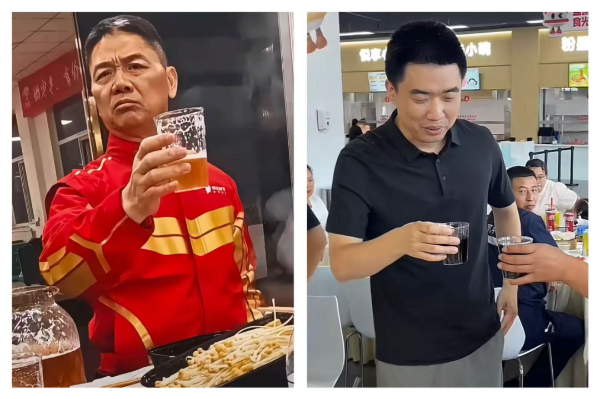 刘强东夜市用塑料碗和乡亲们喝酒