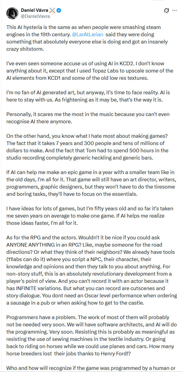 《天国：拯救2》开发商力挺拉瑞安：面对现实吧 AI将长期存在