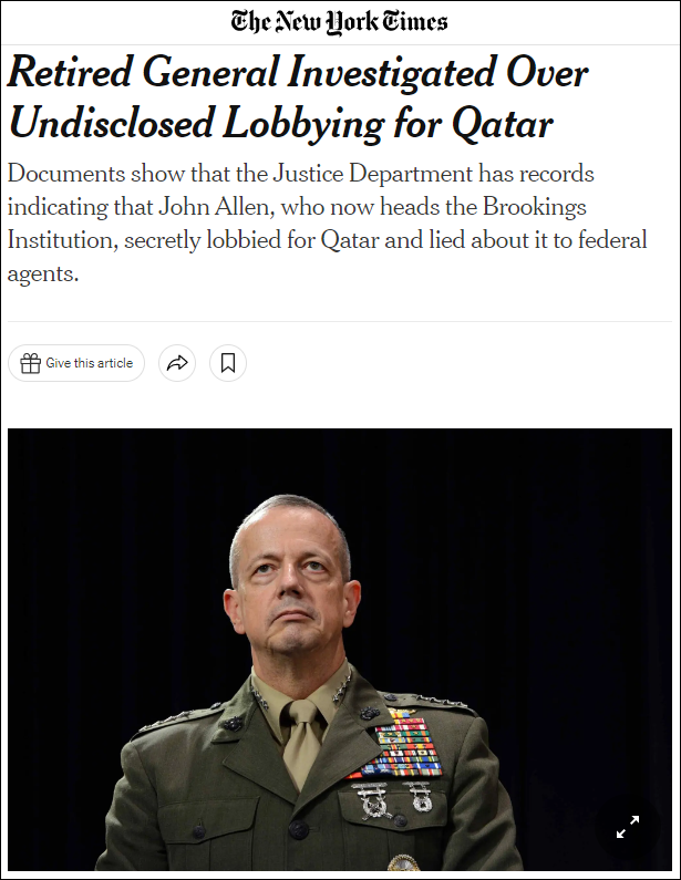 涉嫌秘密为卡塔尔政府游说 前驻阿美军司令被调查