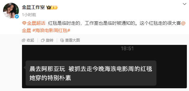 工作室回应金晨休闲装走红毯 临时被抓来“上了个班”