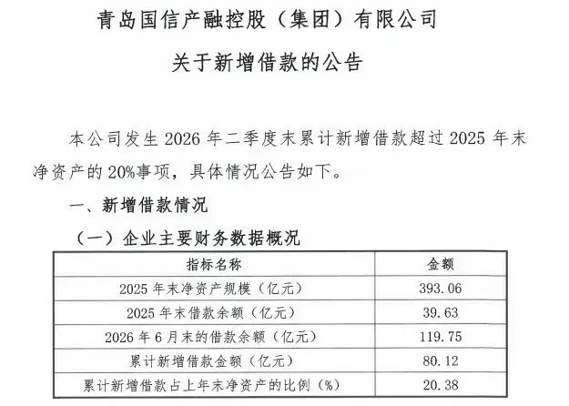 青岛国信产融控股半年新增借款80.12亿，占上年末净资产的20.38%，借款规模大幅抬升