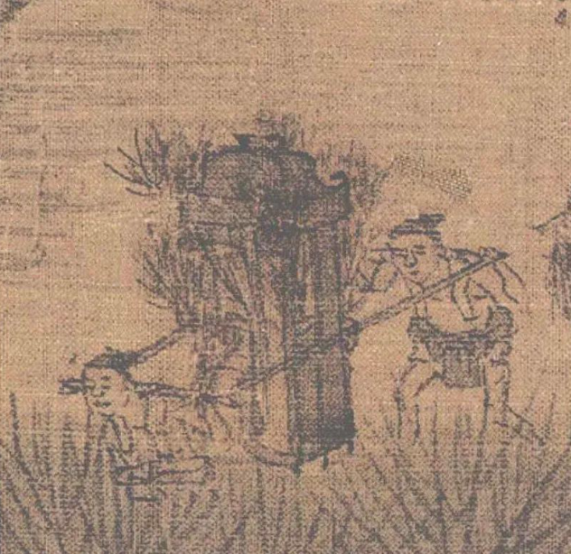 《清明上河图》中两名赤膊轿夫抬着插有柳枝的轿子。
