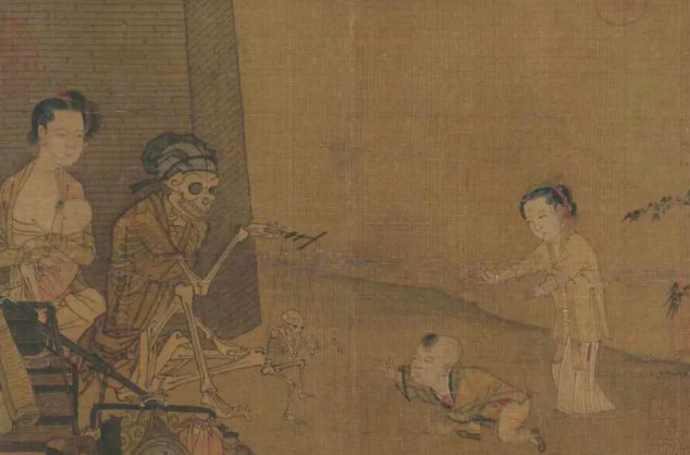 《骷髅幻戏图》局部，象征死亡的骷髅用牵线傀儡吸引小孩儿奔向死亡。