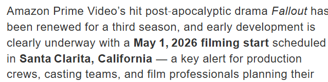 《輻射》真人劇第三季確定5月1日開拍 故事將連接《輻射5》