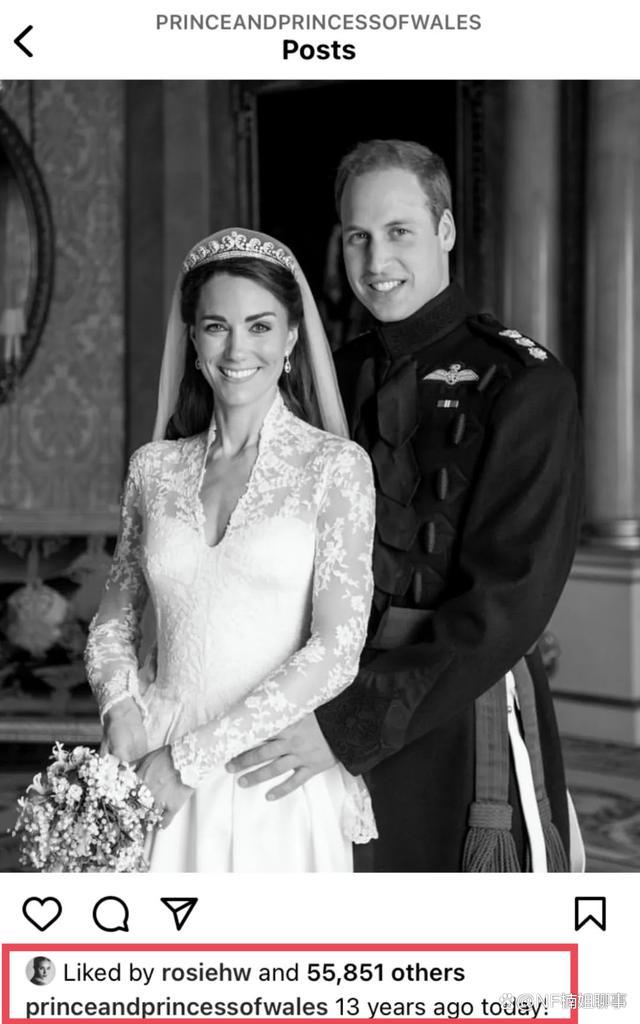 威廉凯特王妃13周年发黑白结婚纪念照 网友质疑：她还活着吗？