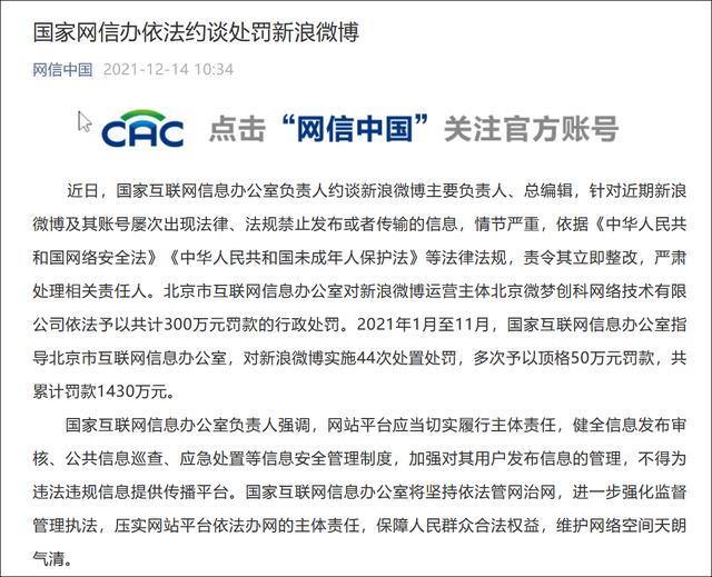 国家网信办依法约谈处罚新浪微博，2021年1月至11月累计罚款1430万元