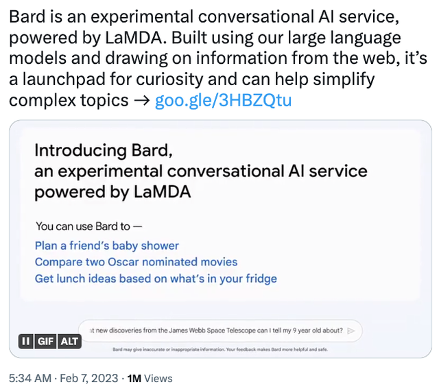因AI犯错 谷歌市值一夜蒸发7172亿 聊天机器人出师不利