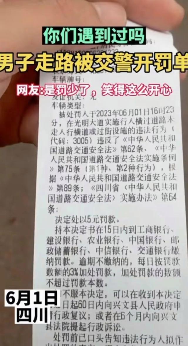 男子走路违规被交警开“巨额”罚单,5元钱