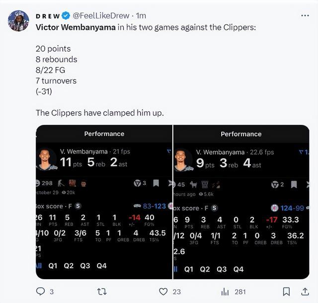 文班ROY第一合理吗?9连败西部垫底+效率远逊切特 1数据差距巨大