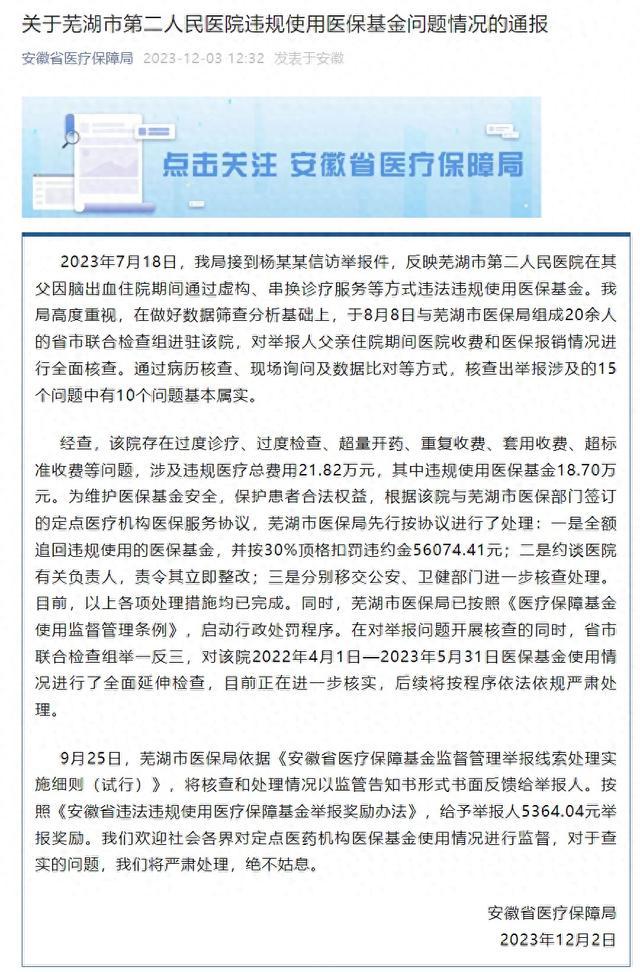 三甲医院超收21万医疗费 官方公告：全额追回违规使用医保基金，并扣罚违约金，给予投诉人奖励