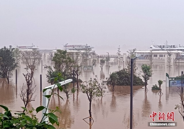 珠江流域北江沿江树木道路被淹