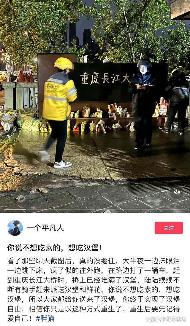 重庆长江大桥上的鲜花和汉堡在为胖猫哭泣吧！爱人先爱己
