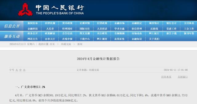 央行：前4个月社融增量12.73万亿元
