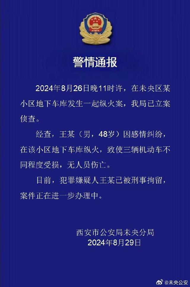 西安男子纵火将小区多车被烧 警方：已刑拘