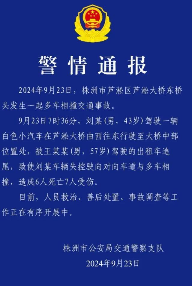 芦淞大桥事故肇事司机已被控制 6死7伤，事故原因调查中