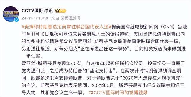 美媒称特朗普选定美常驻联合国代表人选 斯蒂芬尼克获提名考虑中