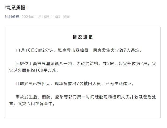 张家界一民房发生火灾致7死 事故原因正在调查中