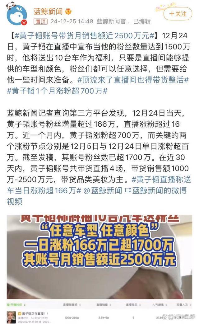 黄子韬粉丝已破2000万 送车福利引关注