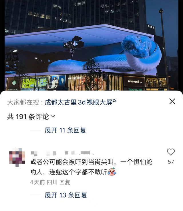 成都巨型3D蛇太逼真引爭(zhēng)議 巨屏效果有人歡喜有人愁