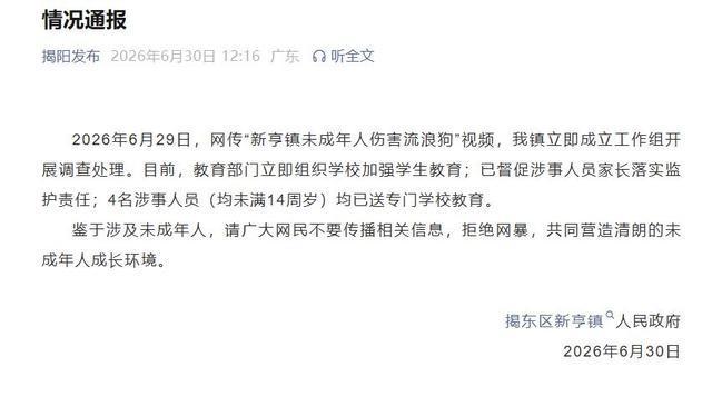 广东4人残忍虐狗均未满14岁 已送专门学校教育