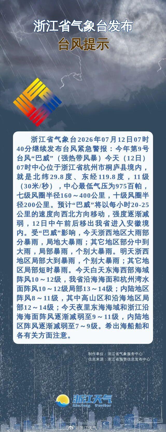 巴威中午前后将移出浙江进入安徽