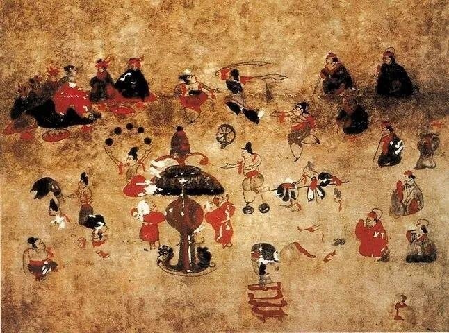 ▲[东汉]《乐舞百戏图》壁画，出土于内蒙古和林格尔。图源：网络