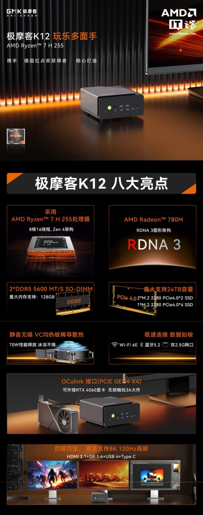 极摩客推出 K12 迷你主机：AMD 锐龙 7 H 255、双 2.5G 网口，准系统 2099 元