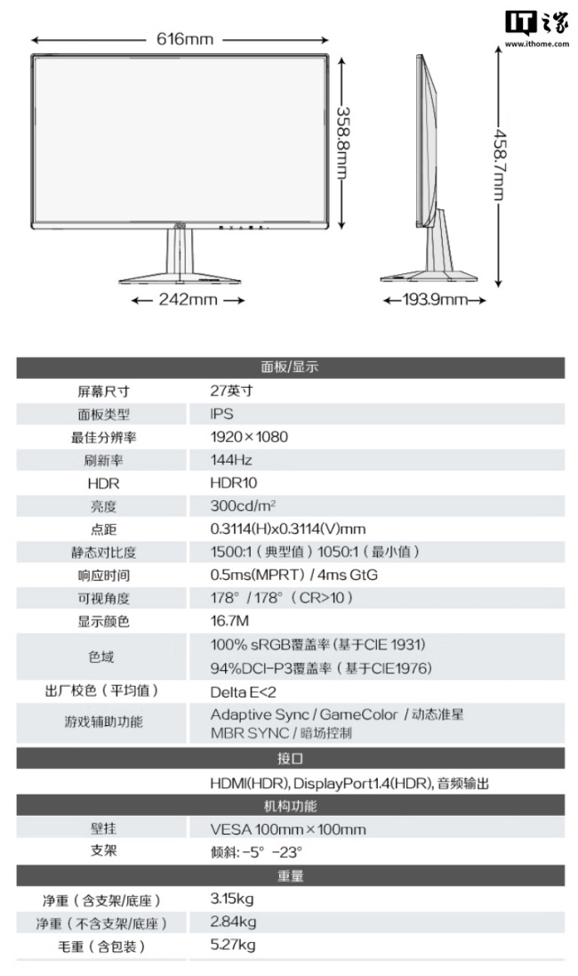 AOC 推出“27G51F”27 英寸显示器：1080P 144Hz，649 元