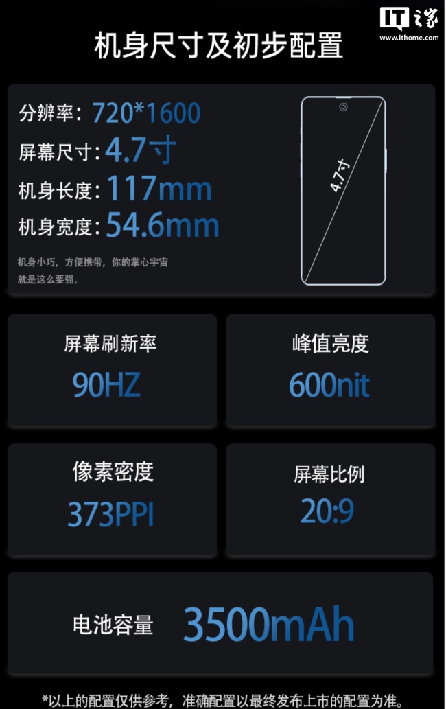 蓝狐预热 4.7 英寸迷你手机：四边 R 角相等、联发科 G100 + 20：9 比例 90Hz 打孔屏