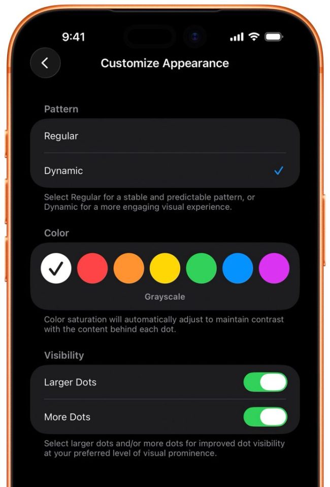 拯救晕车党:苹果 iOS 26“车辆运动提示”新增 6 种颜色与动态模式调节