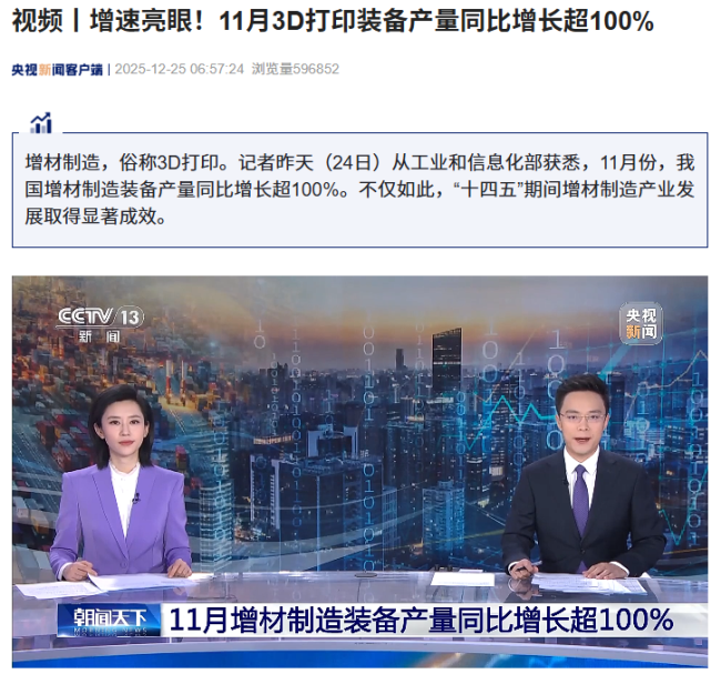 我国 11 月 3D 打印装备产量同比增长超 100%，预计全年增材制造行业产值达 700 亿元