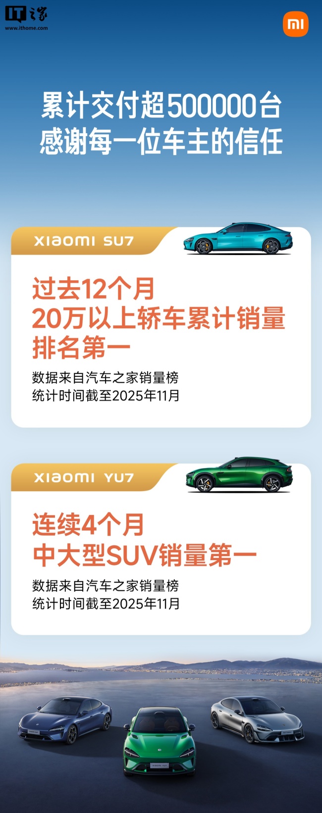 小米 YU7 全系推出「3 年 0 息」购车活动：首付 7.49 万元起，月供 4961 元起