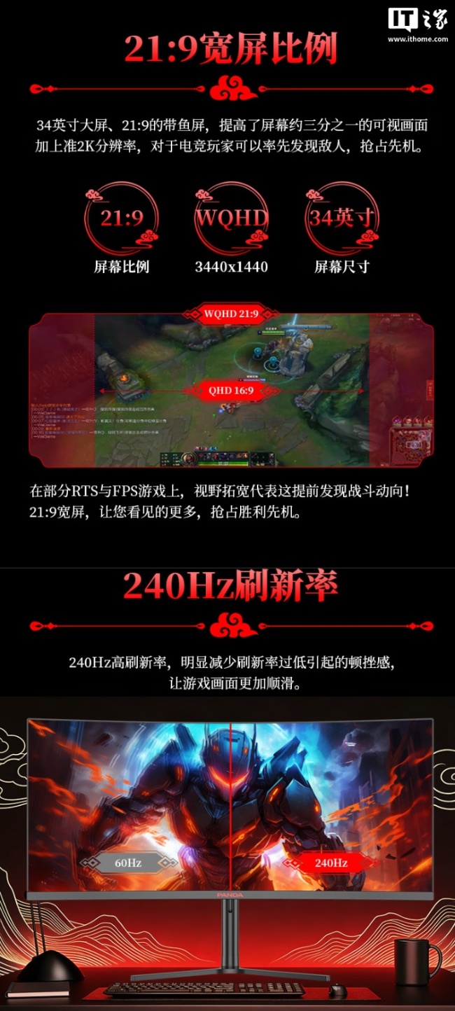 熊猫推出 MX34U7 34 英寸 21：9 带鱼屏显示器：WQHD 240Hz，1299 元