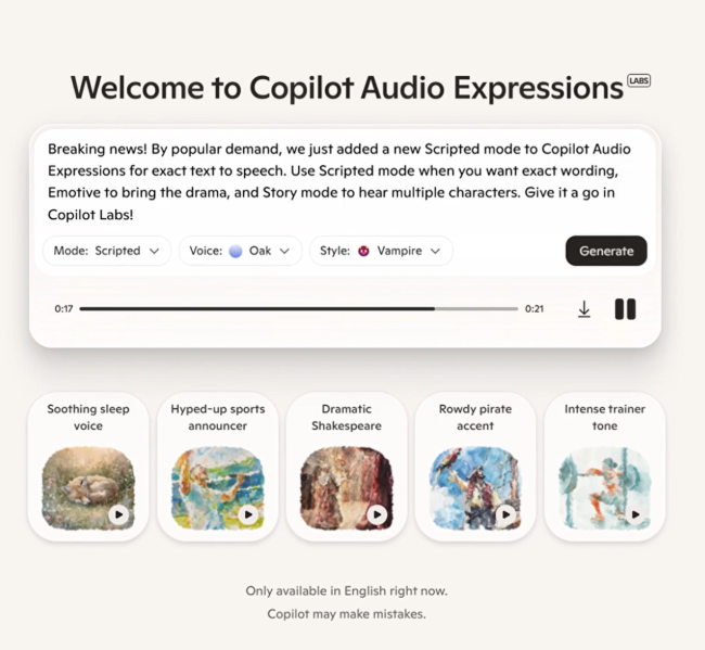 微软 Copilot 新增音频表达式功能，莎士比亚腔、体育解说都能整