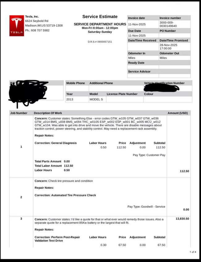 特斯拉 Model S 老车主自曝遭“电池刺客”：换电池费用需 1.3 万美元，超过二手车价