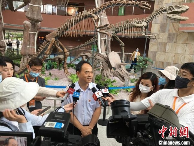     图为河源恐龙博物馆馆长杜衍礼在接受“沿着高速看中囯（广东）”采访团记者采访。　宋秀杰　摄