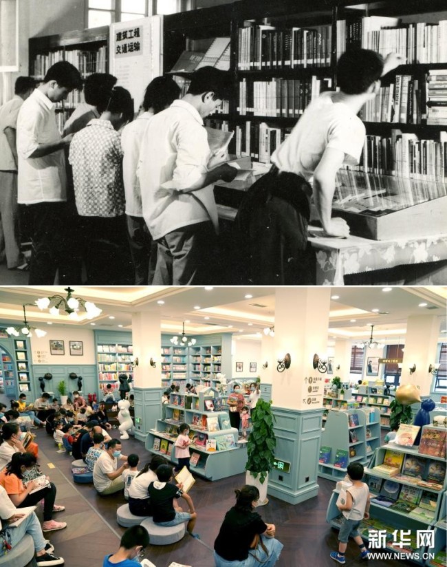 　　这是一张拼版照片，上图为：20世纪70年代中期西安钟楼书店内的读者（钟楼书店供图）；下图为：读者在西安钟楼书店少儿区阅读（8月25日，新华社记者刘潇摄）。新华社发