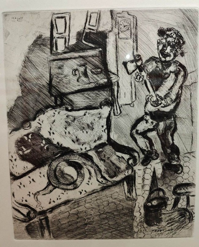 夏加尔1927年（铜版画）蚀刻作品《农夫与蛇》。