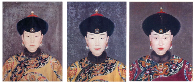 故宫博物院藏郎世宁绘乾隆皇帝及后妃油画屏，从左至右：孝贤皇后像、慧贤皇贵妃像、婉嫔像。