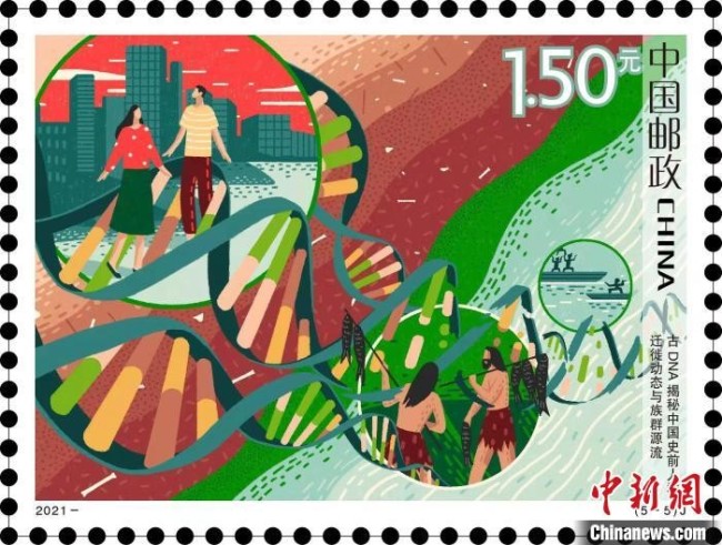 　　“古DNA揭秘中国史前人群迁徙动态与族群源流”特种邮票。　中科院 供图