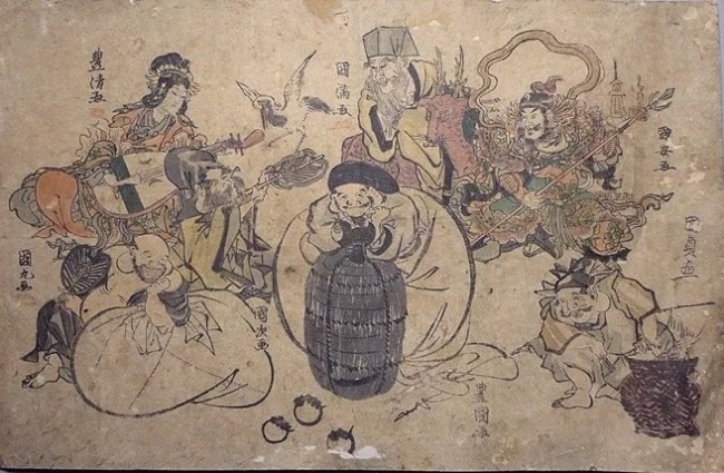 上图：朝鲜岁画鹊虎图；下图：日本七福神浮世绘年画 图/Wikipedia