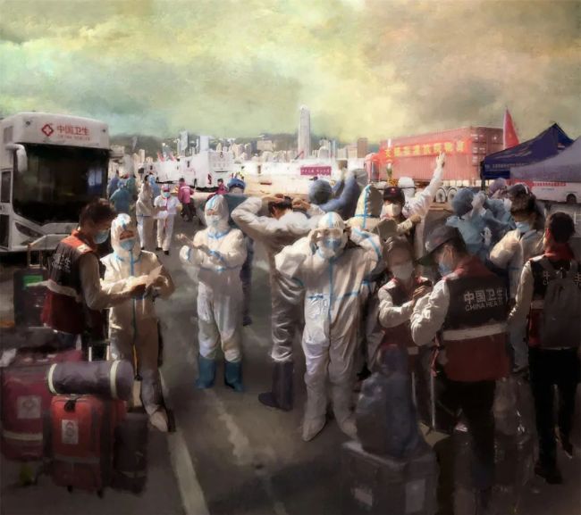 范勃、林锋 《逆行出征 同心守护》  油画 160厘米×180厘米  2022