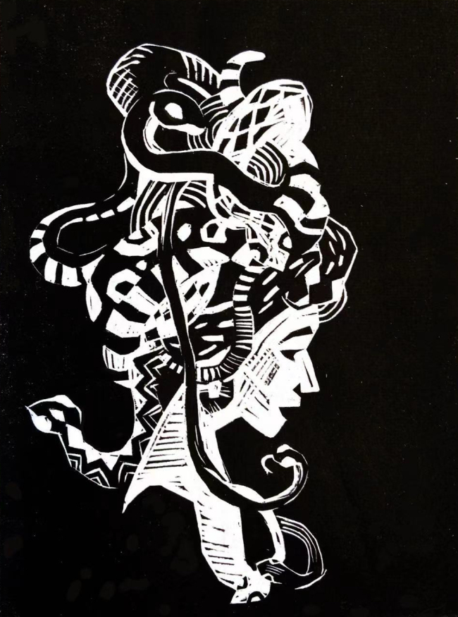 黄麟涵 《美杜莎》 黑白木刻 29x21cm 2024年