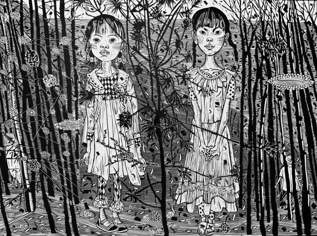 邹晓萍 《山林》（组合）黑白版画 61cmx103cm  2022年