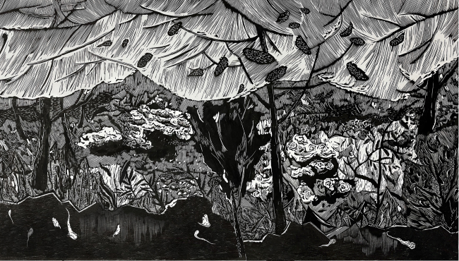杨悦《乡野画卷》黑白木刻 114x66cm 2021年