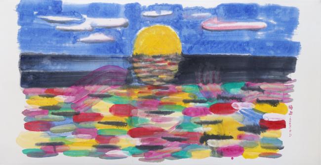 《海上日出》，136x68cm，宣纸上色，2025
